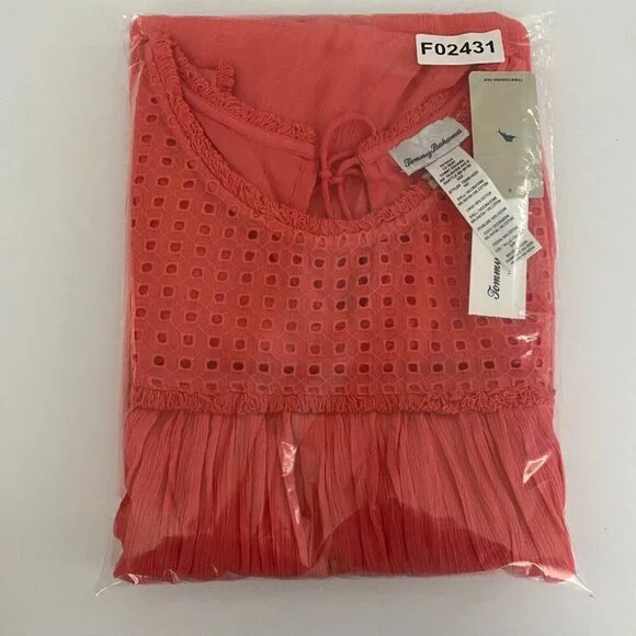 Tommy Bahama Sleeveless Dress Size Small Coral Raw Edge Tassel Crinkle Rayon - Picture 10 of 10